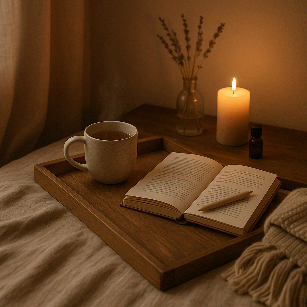 Een rustgevend avondmoment met een brandende kaars, een open notitieboek en een kop kruidenthee op een houten tafel, met warme sfeerverlichting.