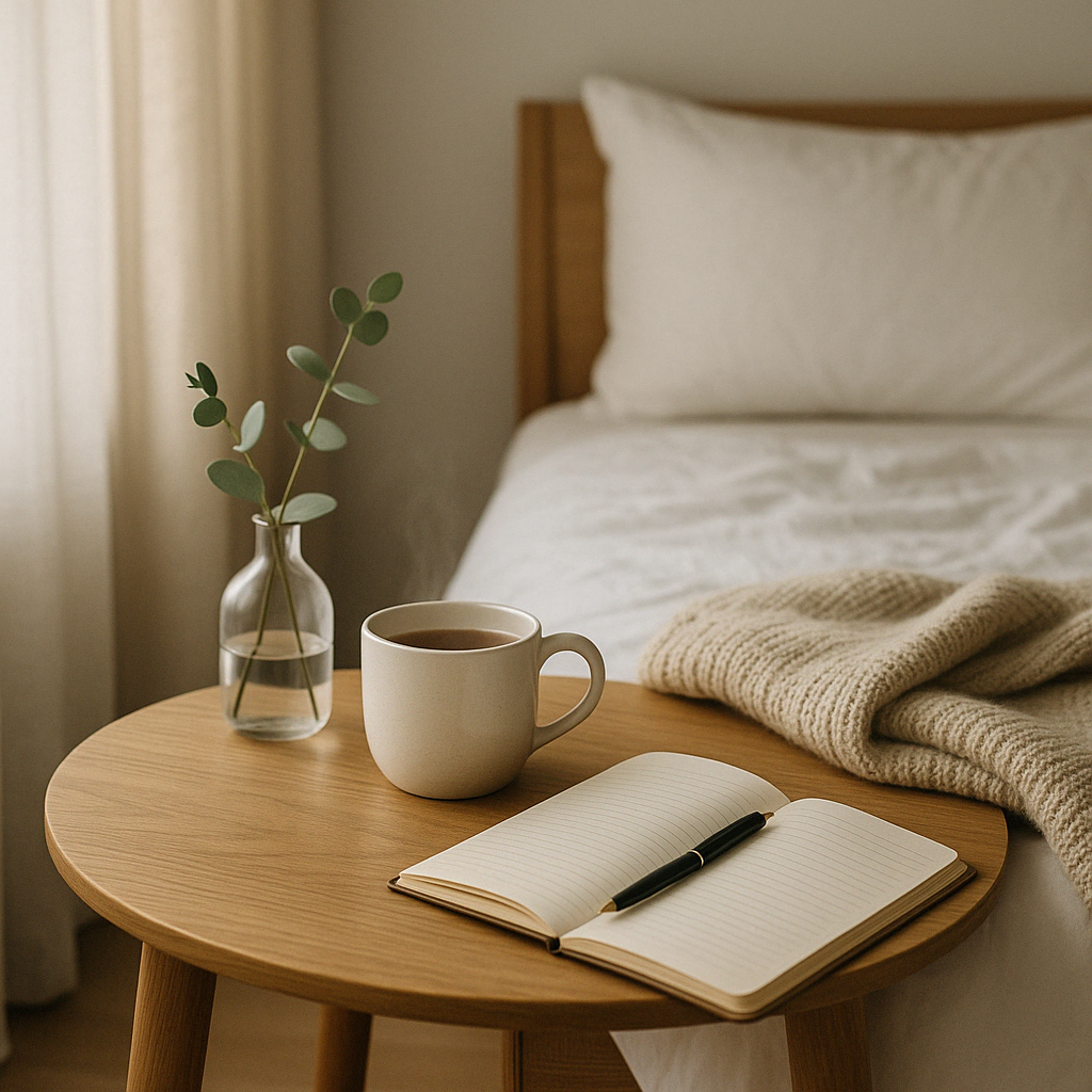 Een zachte slaapkamer met een opgemaakt bed, een boek en een kop thee op het nachtkastje. Warme avondverlichting zorgt voor een rustgevende sfeer.