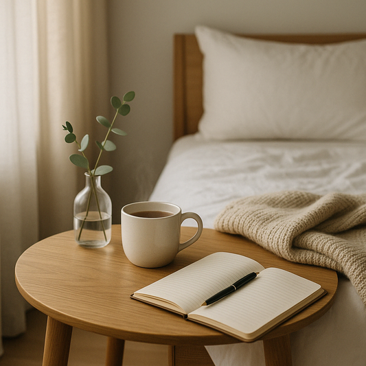 Een zachte slaapkamer met een opgemaakt bed, een boek en een kop thee op het nachtkastje. Warme avondverlichting zorgt voor een rustgevende sfeer.