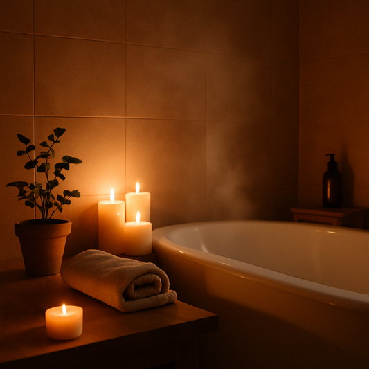 Sfeervolle badkamer met warme tinten, kaarslicht en natuurlijke elementen – een rustgevend moment thuis zonder verbouwing.