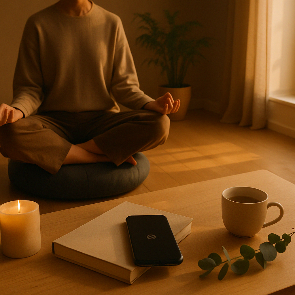 Sereen verlichte woonkamer met natuurlijke materialen en warme tinten – een plek van mentale rust en eenvoud.