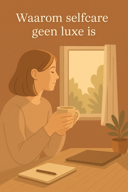 Een sfeervolle setting met een kop thee, een zacht plaid, een open notitieboek en een kaars op een houten tafel. Warm licht en een serene sfeer benadrukken de essentie van selfcare: rust, eenvoud en aandacht.